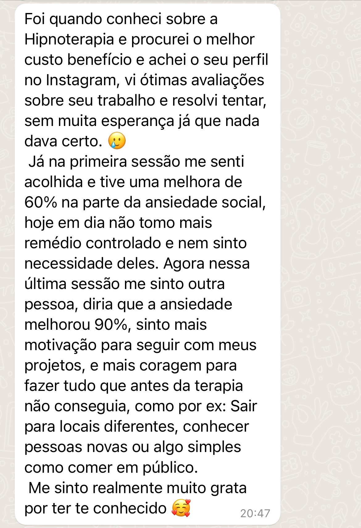 depoimento hipnoterapia fobia social